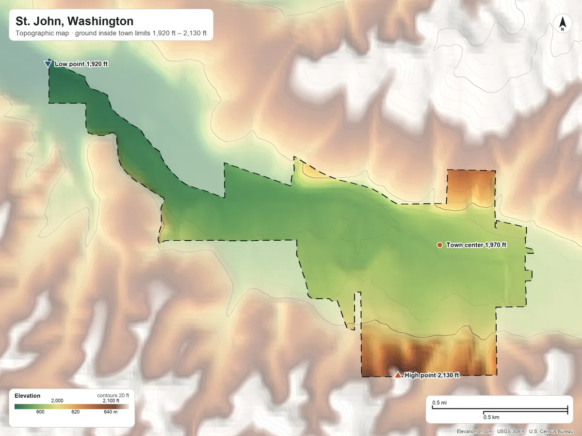 Topographic elevation map of St. John, Washington, shaded from 1,920 ft on the northwest side to 2,130 ft on the south side