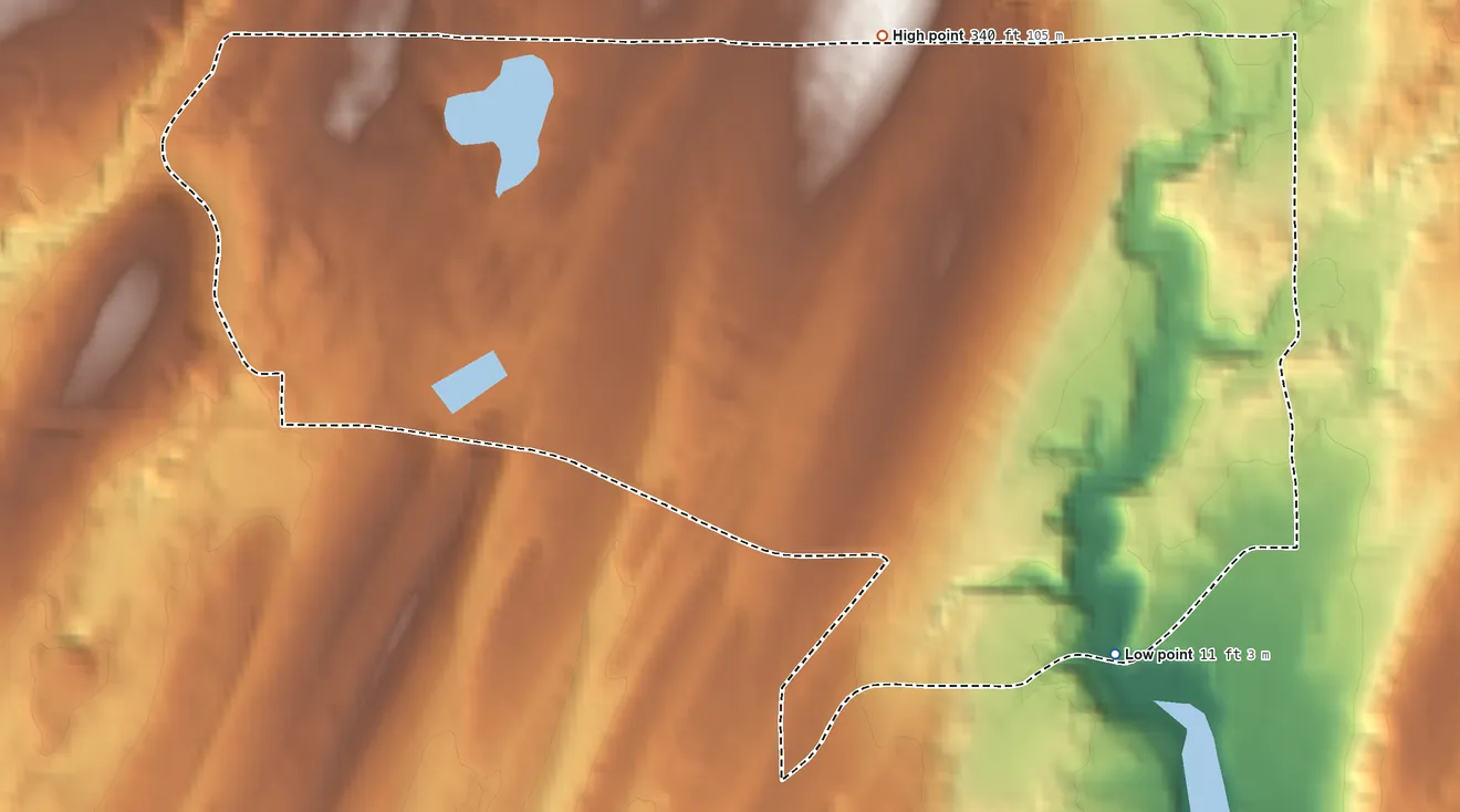 Topographic elevation map of Stansberry Lake, Washington, shaded from 11 ft on the southeast side to 340 ft on the northeast side