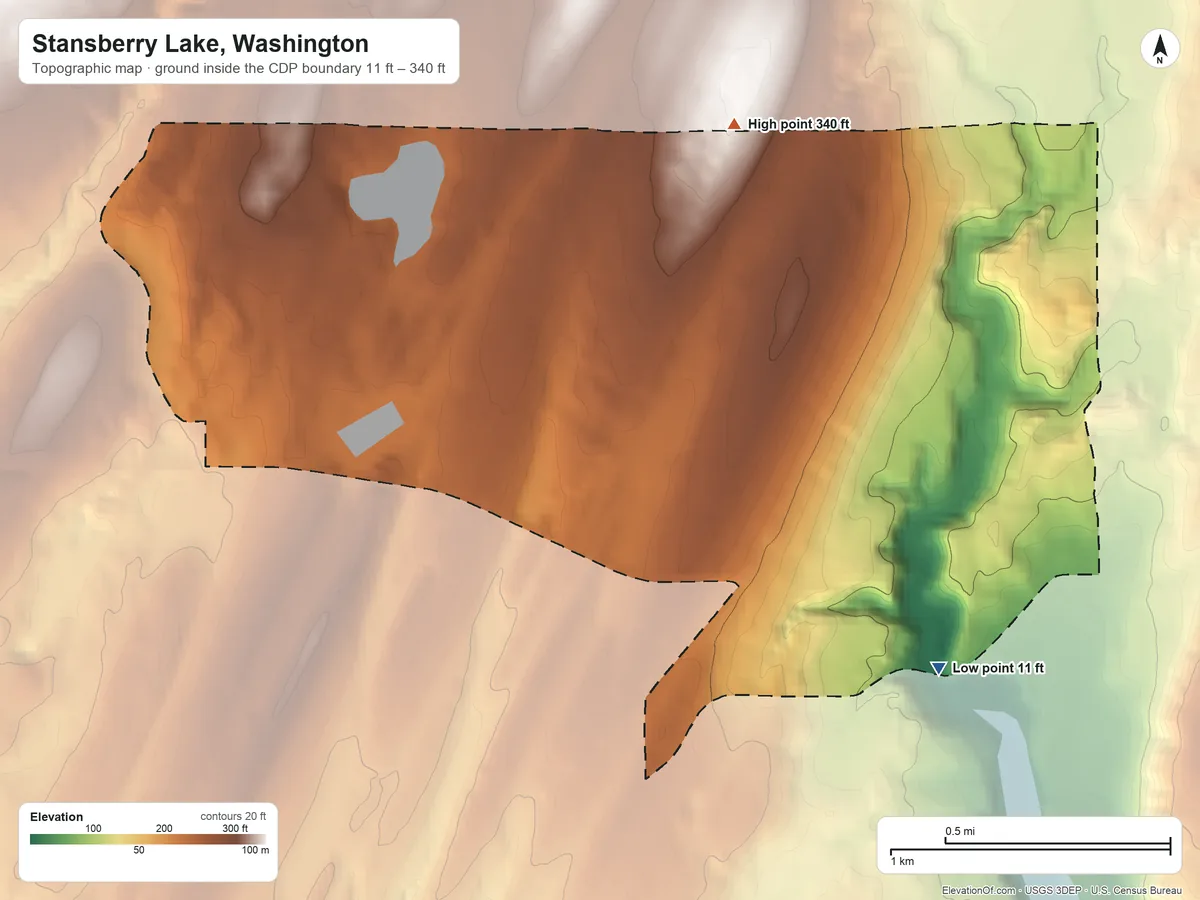 Topographic elevation map of Stansberry Lake, Washington, shaded from 11 ft on the southeast side to 340 ft on the northeast side