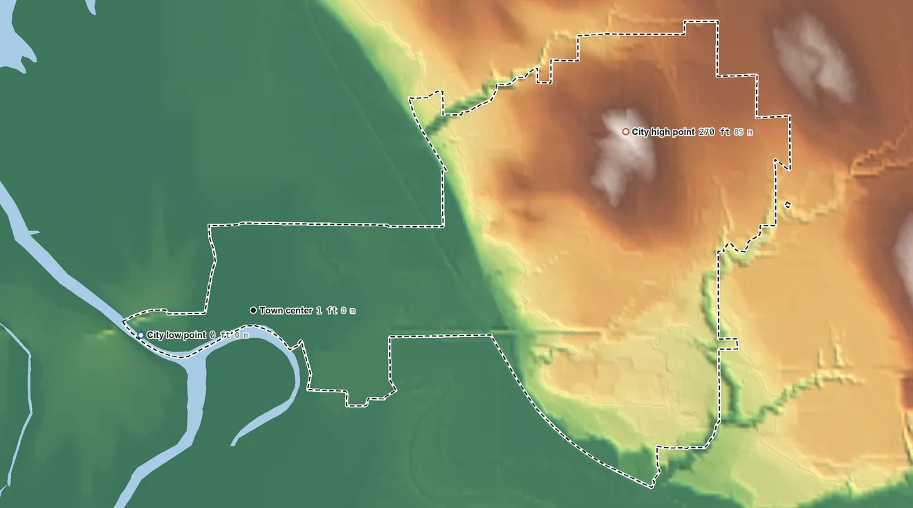 Topographic elevation map of Stanwood, Washington, shaded from sea level level on the Port Susan to 270 ft on the northeast side