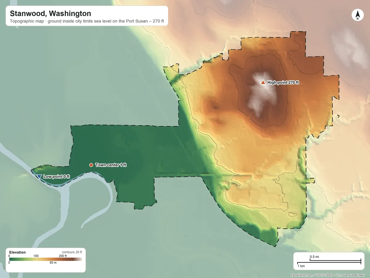 Topographic elevation map of Stanwood, Washington, shaded from sea level level on the Port Susan to 270 ft on the northeast side