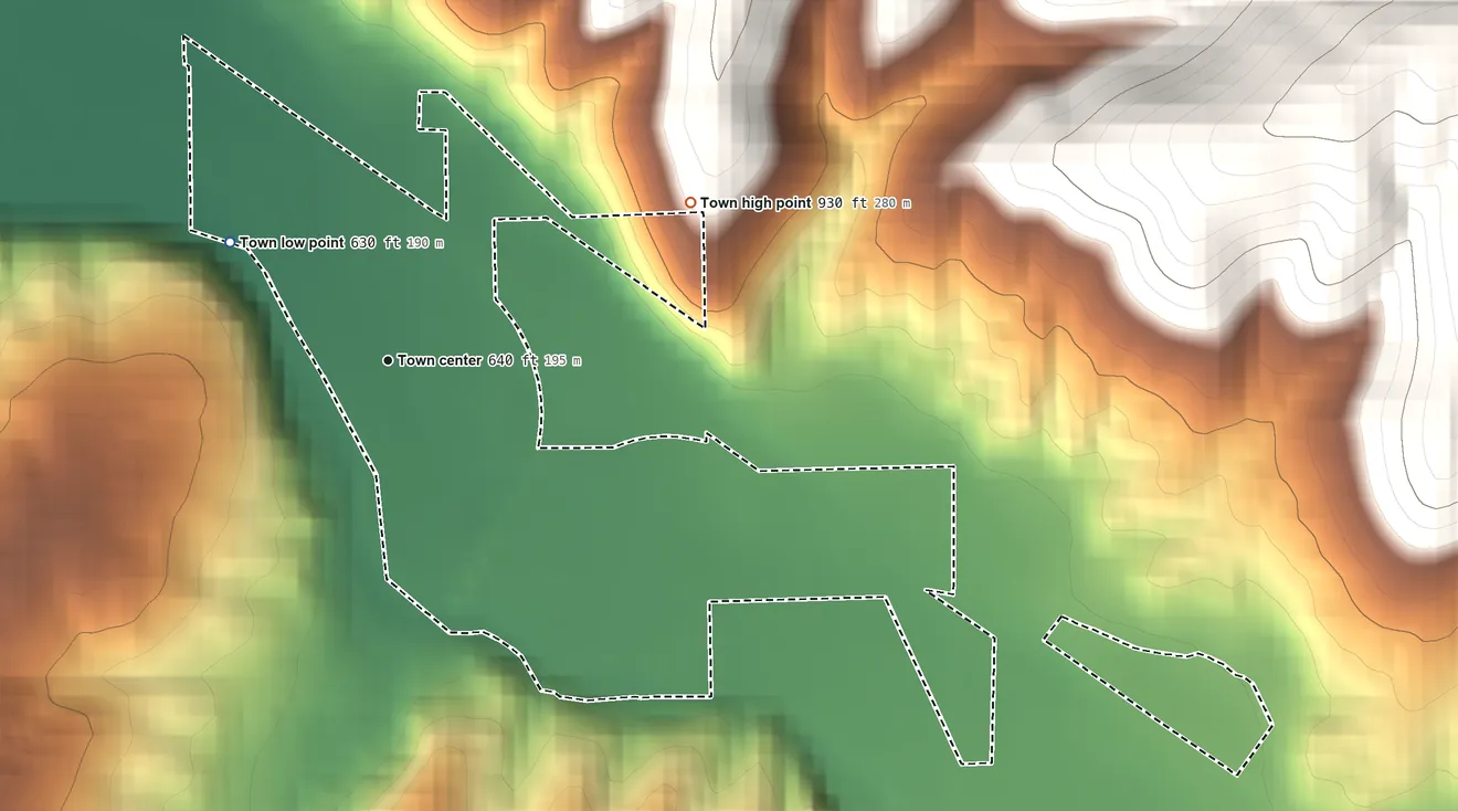 Topographic elevation map of Starbuck, Washington, shaded from 630 ft on the northwest side to 930 ft at the foot of the Skyrocket Hills
