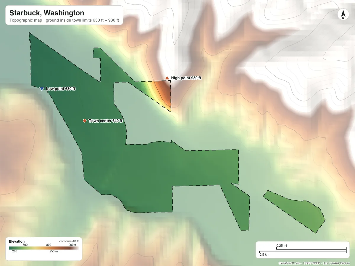 Topographic elevation map of Starbuck, Washington, shaded from 630 ft on the northwest side to 930 ft at the foot of the Skyrocket Hills