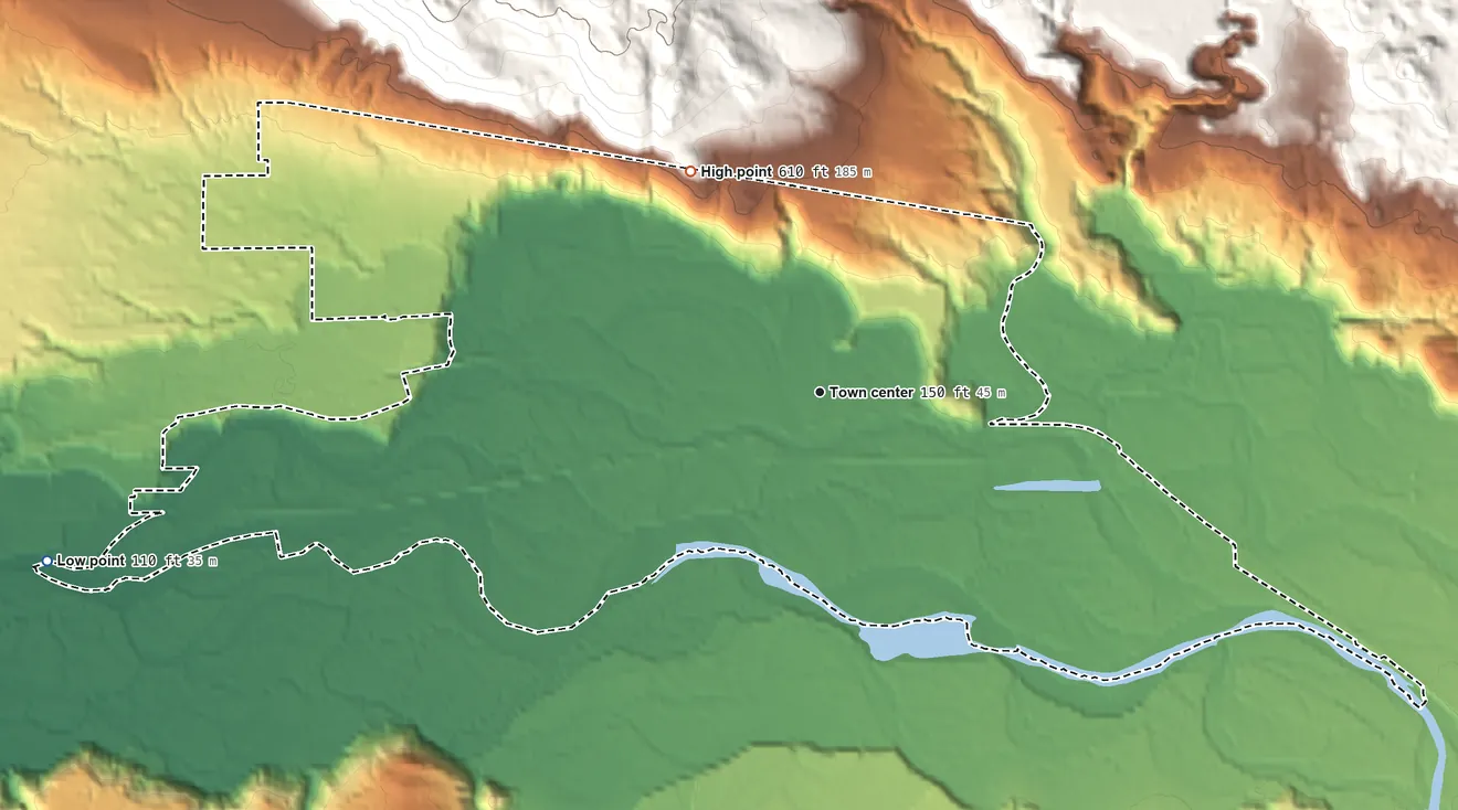 Topographic elevation map of Startup, Washington, shaded from 110 ft on the west side to 610 ft on the northwest edge, below higher ground just outside