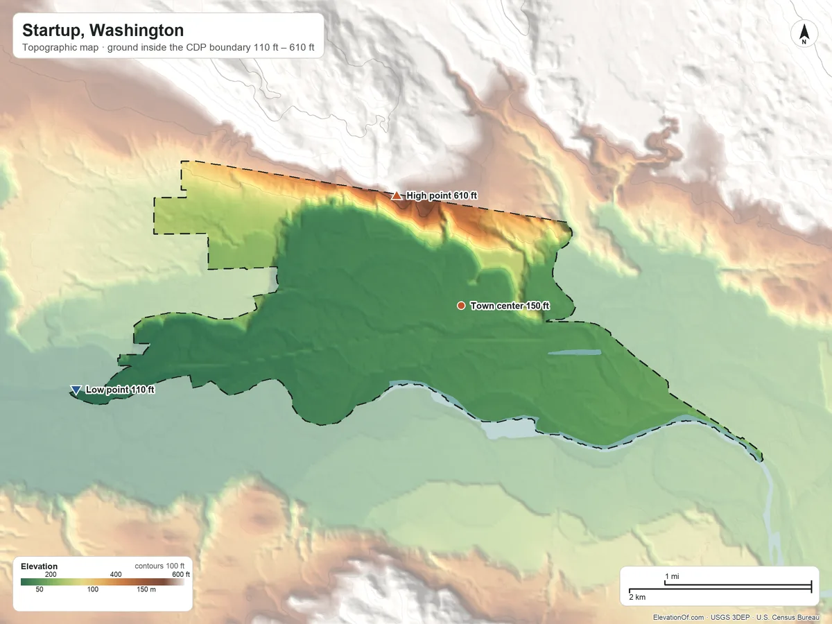 Topographic elevation map of Startup, Washington, shaded from 110 ft on the west side to 610 ft on the northwest edge, below higher ground just outside