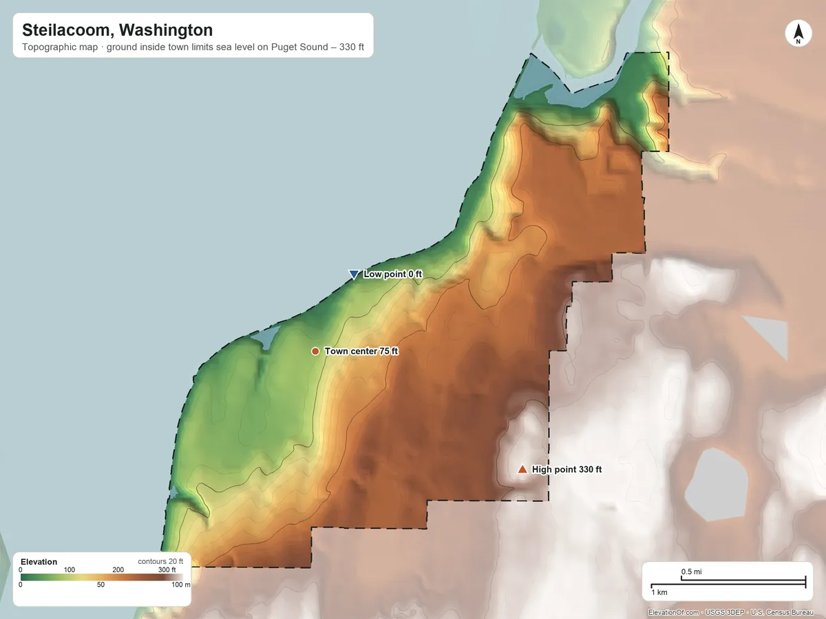 Topographic elevation map of Steilacoom, Washington, shaded from sea level level on Puget Sound to 330 ft on the southeast side
