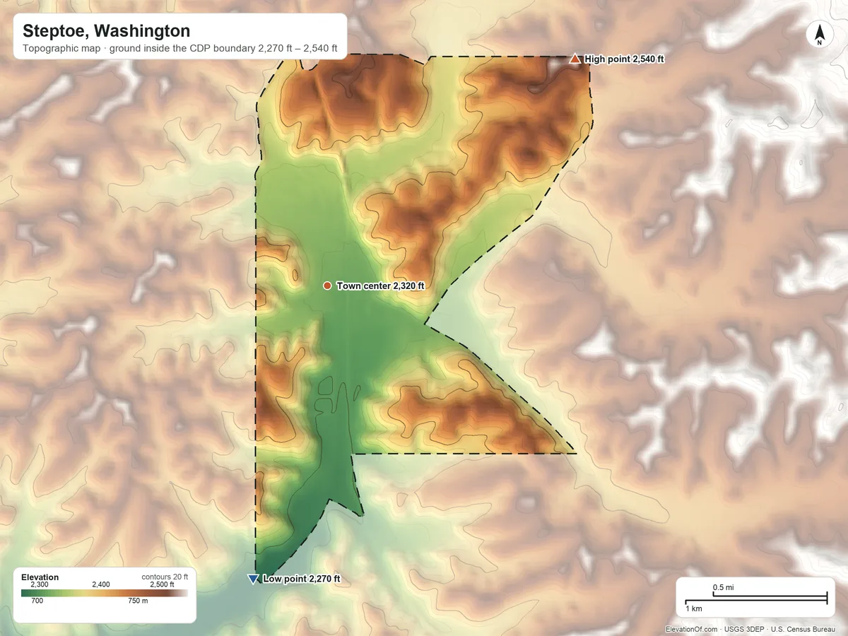 Topographic elevation map of Steptoe, Washington, shaded from 2,270 ft on the south side to 2,540 ft on the northeast edge, below higher ground just outside
