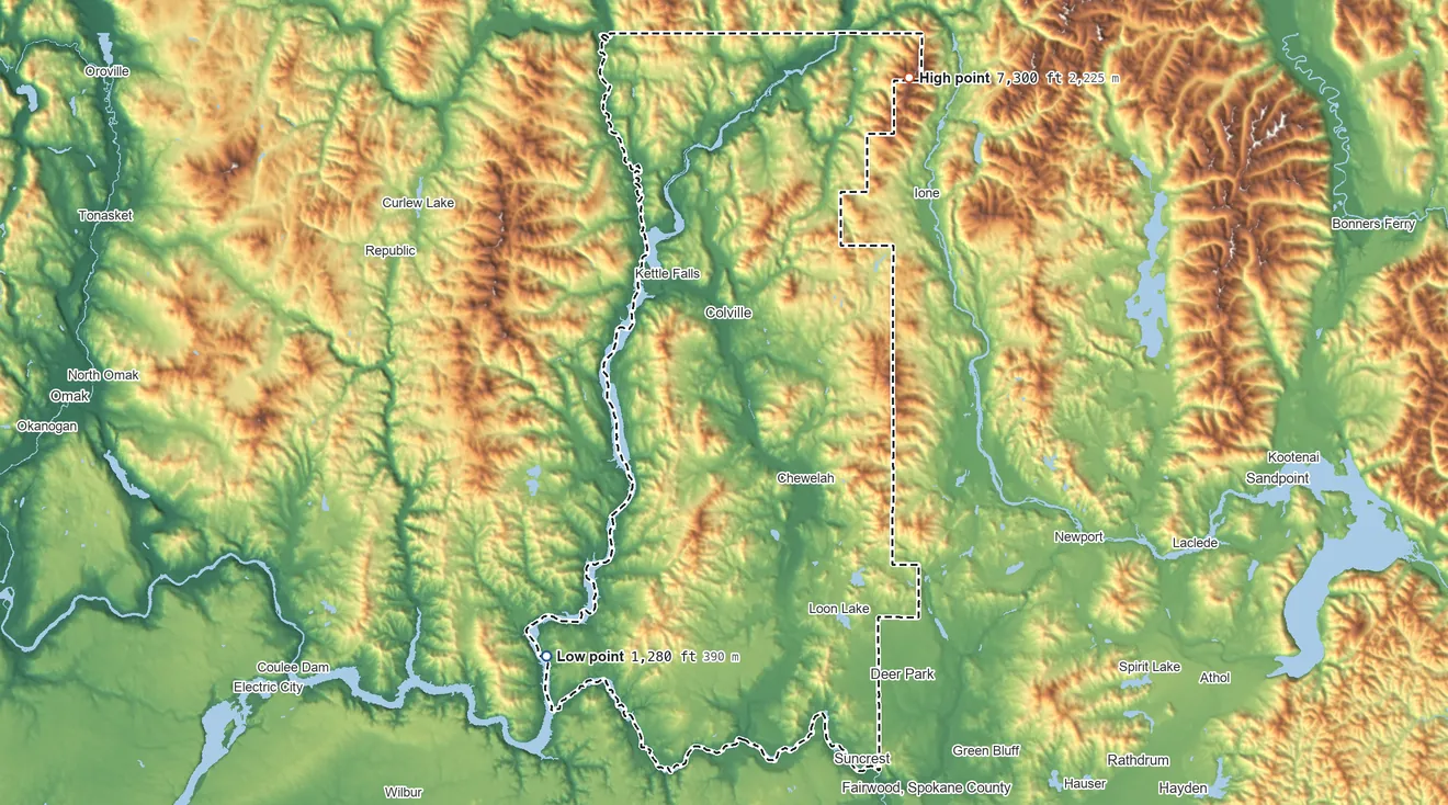 Topographic elevation map of Stevens County, Washington, shaded from 1,280 ft on the southwest side to 7,300 ft on Abercrombie Mountain
