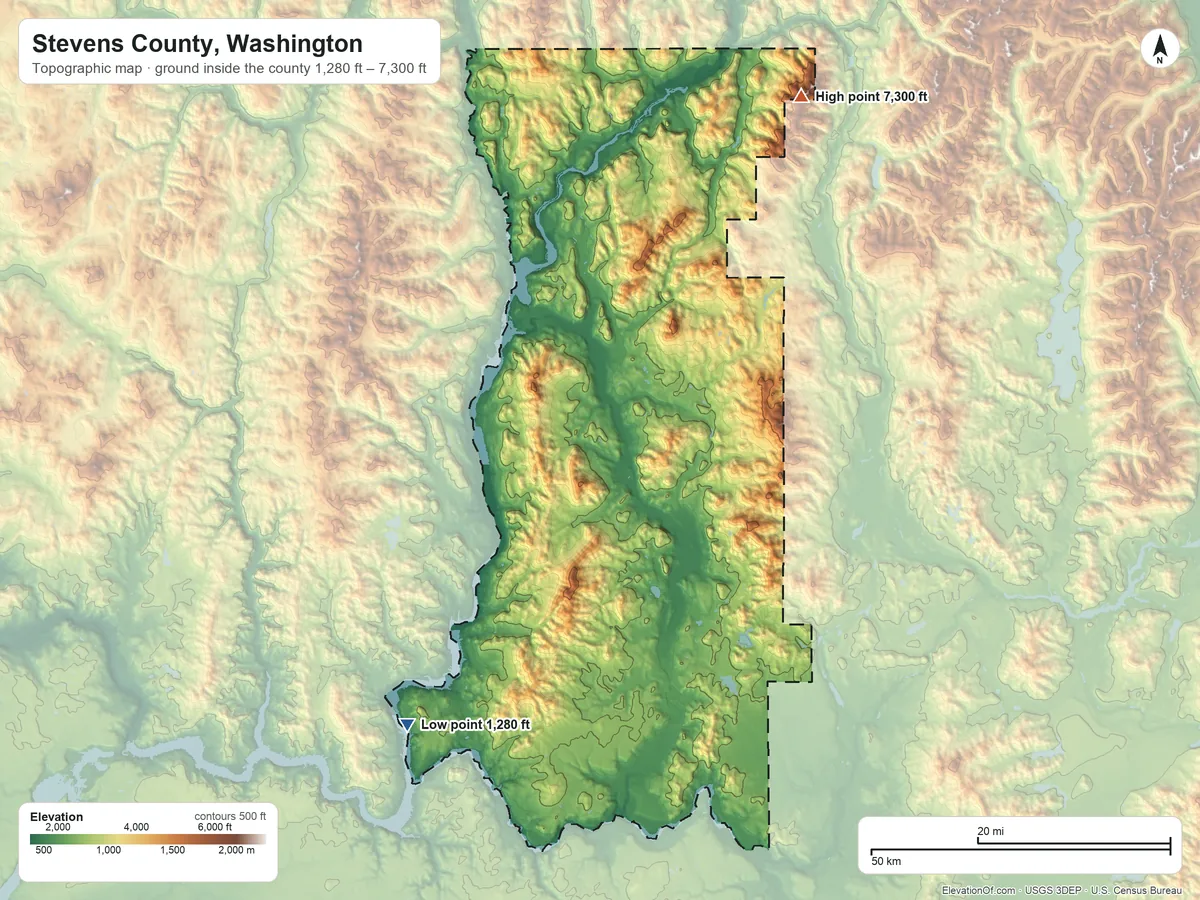 Topographic elevation map of Stevens County, Washington, shaded from 1,280 ft on the southwest side to 7,300 ft on Abercrombie Mountain