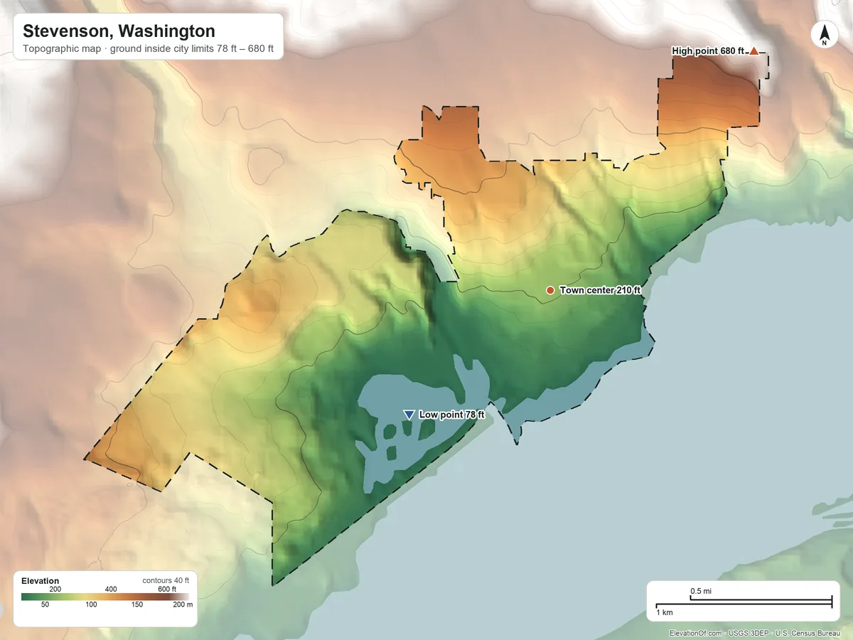 Topographic elevation map of Stevenson, Washington, shaded from 78 ft on the southwest side to 680 ft on the northeast edge, below higher ground just outside