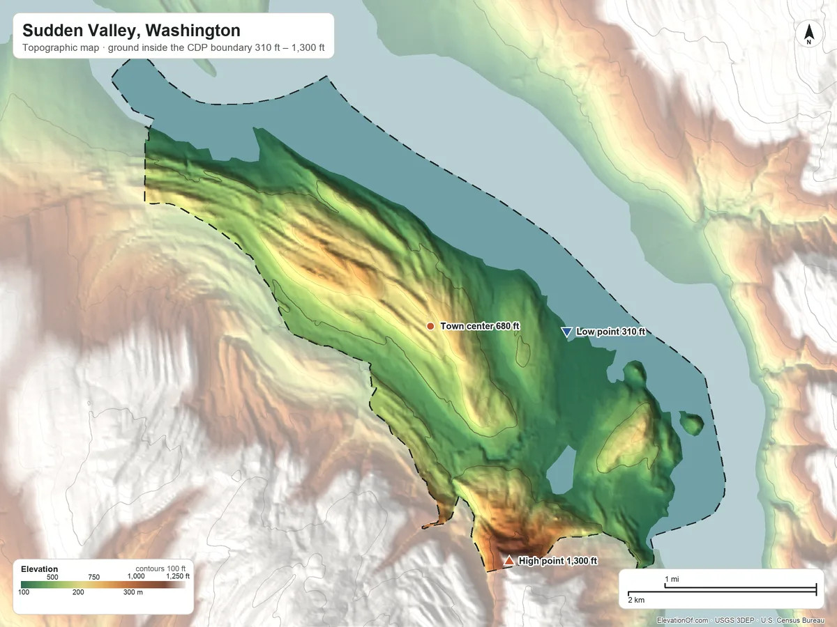 Topographic elevation map of Sudden Valley, Washington, shaded from 310 ft on the east side to 1,300 ft on the south edge, below higher ground just outside
