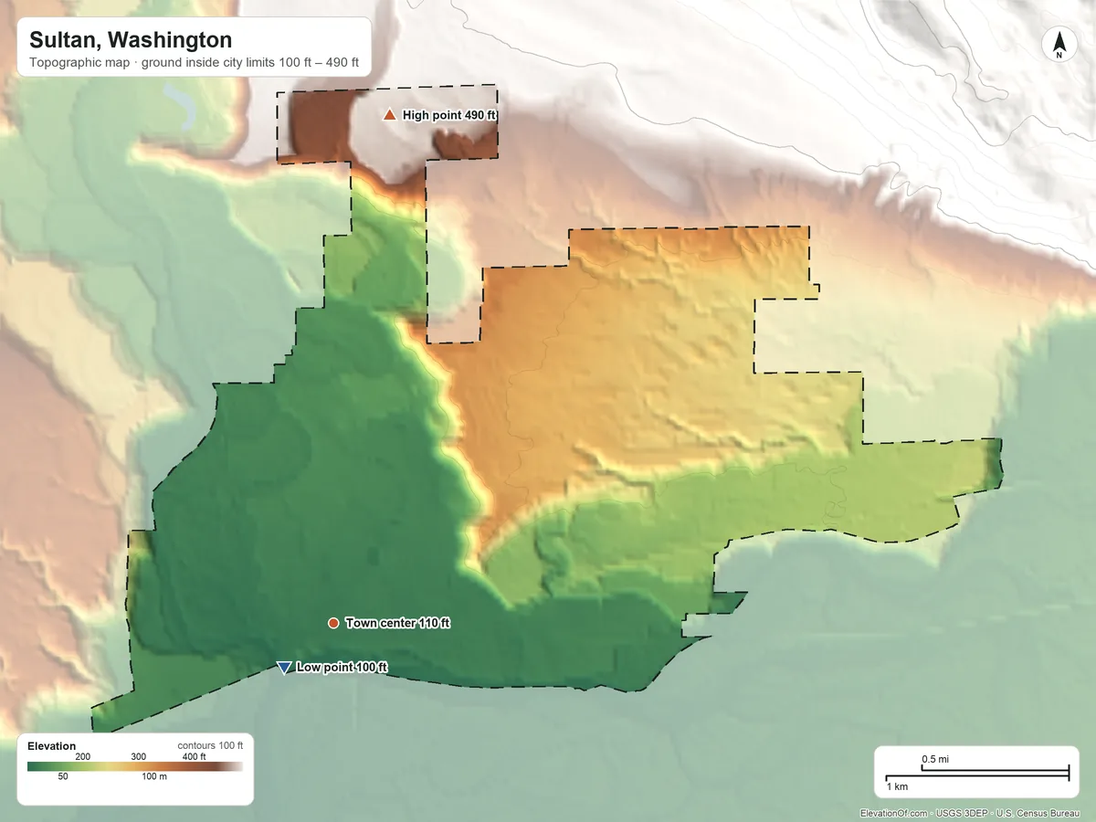 Topographic elevation map of Sultan, Washington, shaded from 100 ft near the middle to 490 ft on the north edge, below higher ground just outside