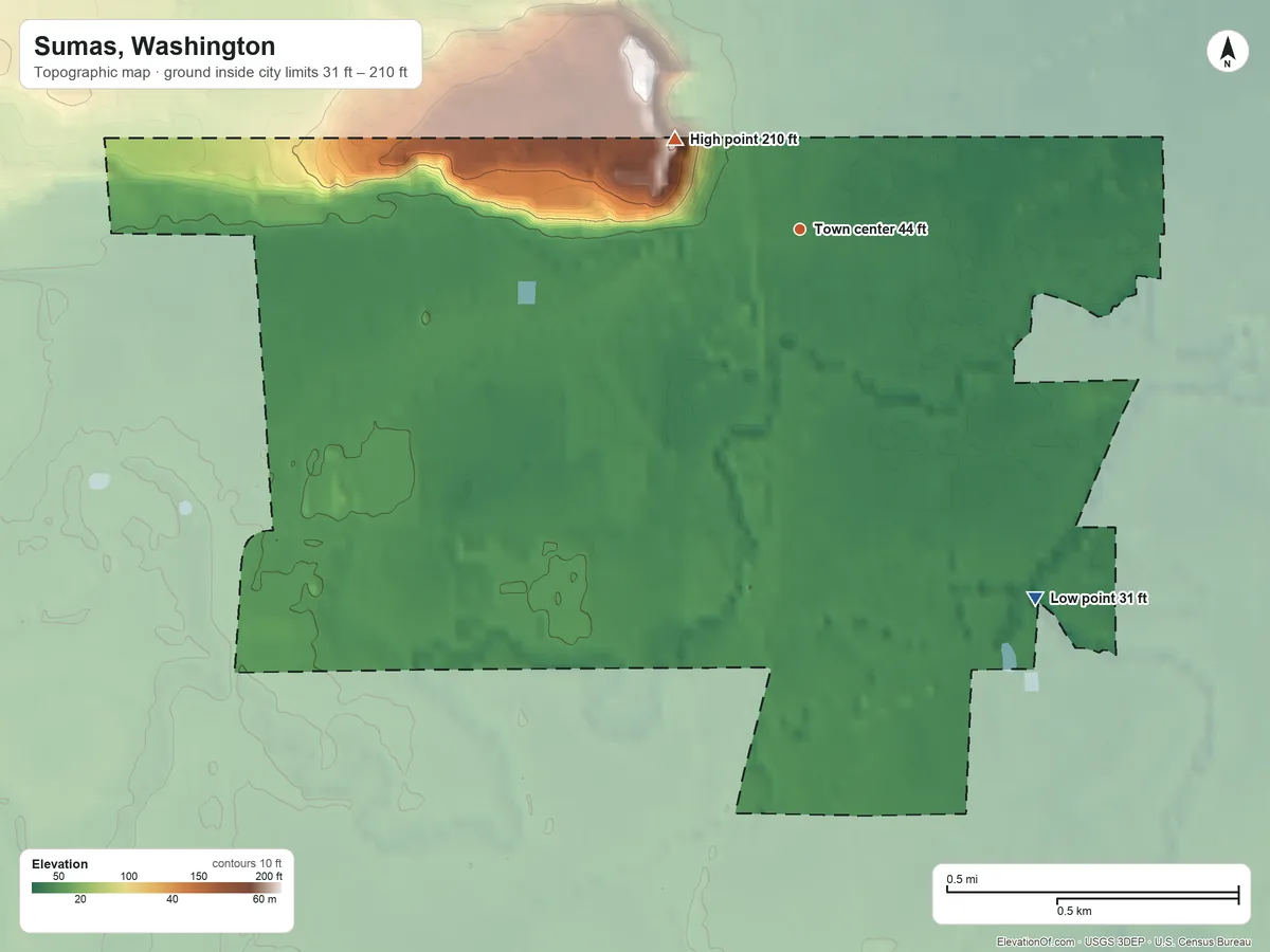 Topographic elevation map of Sumas, Washington, shaded from 31 ft on the southeast side to 210 ft on the northwest side
