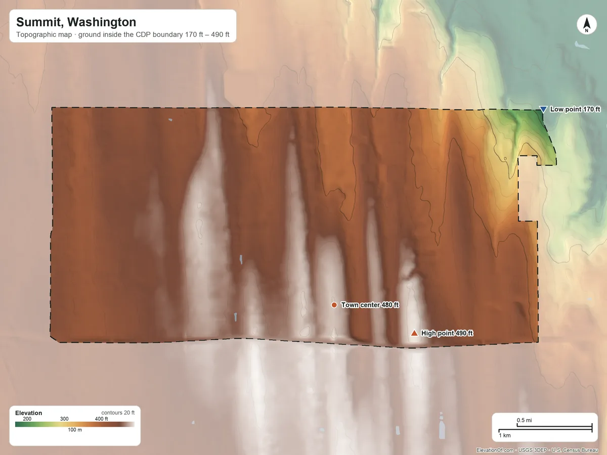 Topographic elevation map of Summit, Washington, shaded from 170 ft on the northeast side to 490 ft on the east side