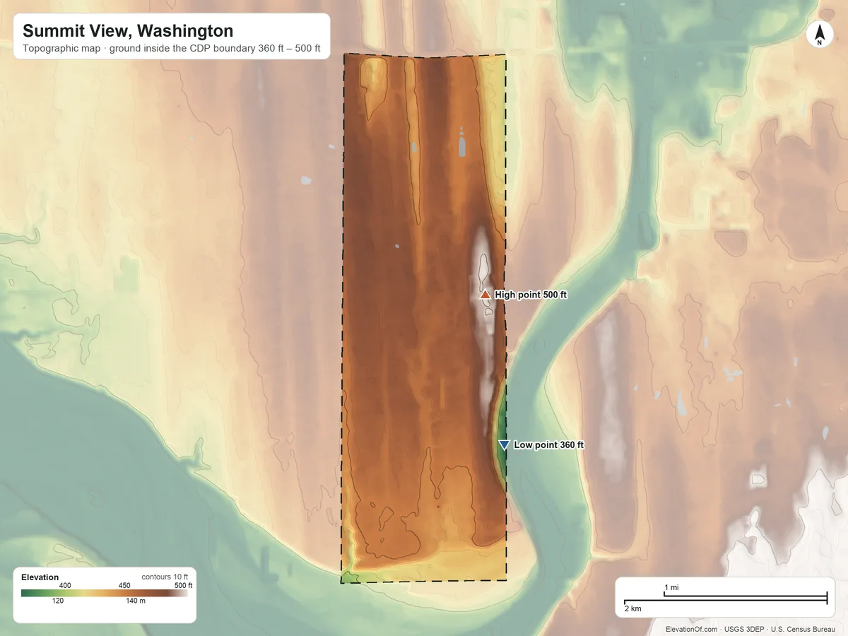 Topographic elevation map of Summit View, Washington, shaded from 360 ft on the south side to 500 ft near the middle