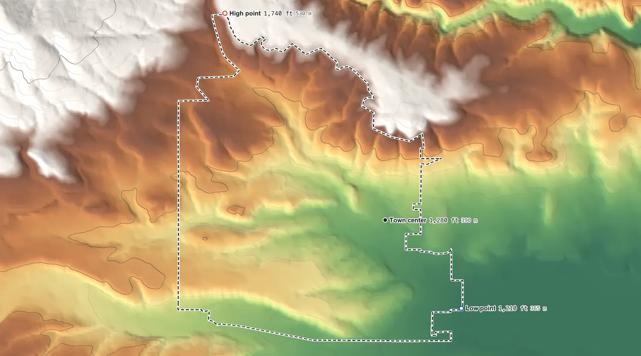 Topographic elevation map of Summitview, Washington, shaded from 1,210 ft on the southeast side to 1,740 ft on the northwest edge, below higher ground just outside