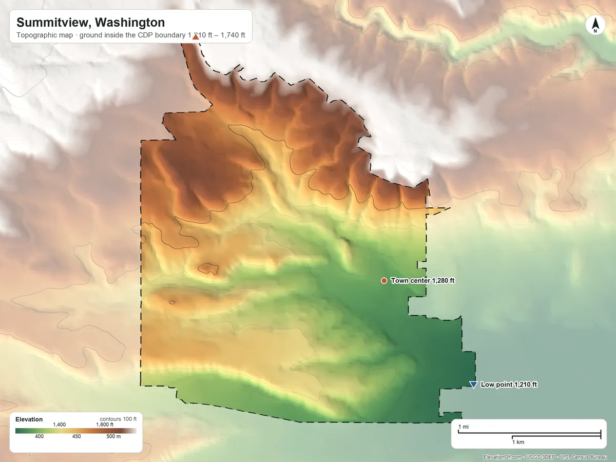 Topographic elevation map of Summitview, Washington, shaded from 1,210 ft on the southeast side to 1,740 ft on the northwest edge, below higher ground just outside