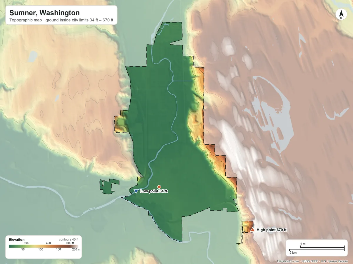 Topographic elevation map of Sumner, Washington, shaded from 34 ft near the middle to 670 ft on the southeast side