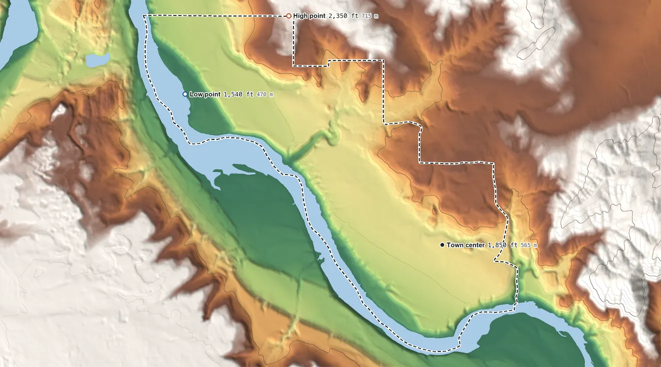 Topographic elevation map of Suncrest, Washington, shaded from 1,540 ft on the northwest side to 2,350 ft on the northwest edge, below higher ground just outside