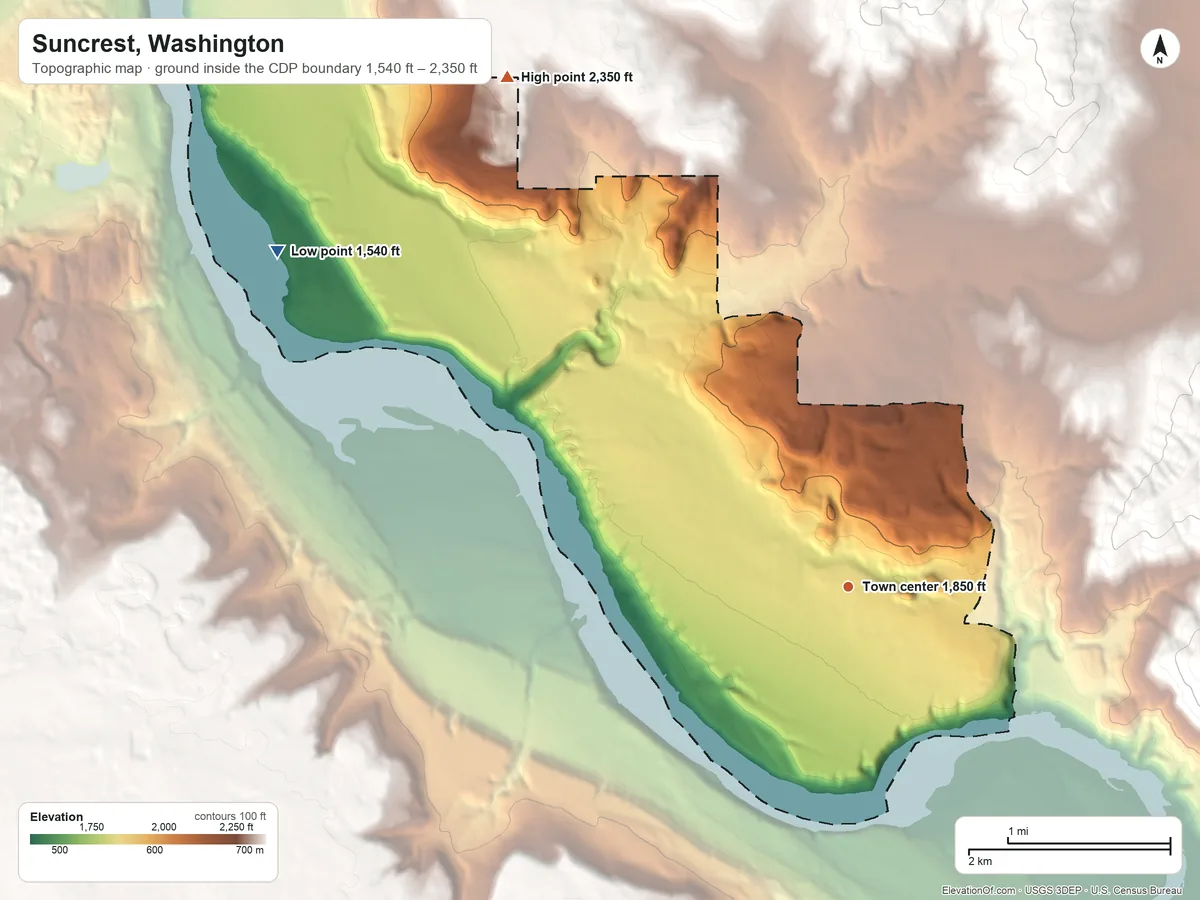 Topographic elevation map of Suncrest, Washington, shaded from 1,540 ft on the northwest side to 2,350 ft on the northwest edge, below higher ground just outside