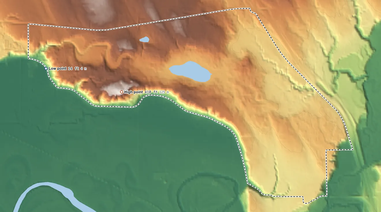 Topographic elevation map of Sunday Lake, Washington, shaded from 14 ft on the west side to 410 ft on the southwest side