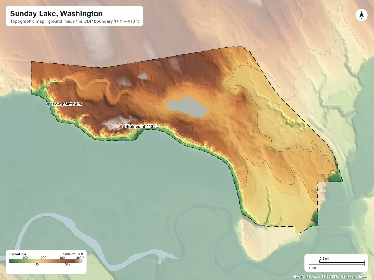 Topographic elevation map of Sunday Lake, Washington, shaded from 14 ft on the west side to 410 ft on the southwest side