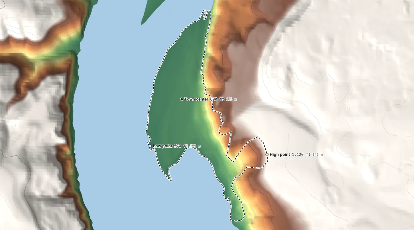 Topographic elevation map of Sunland Estates, Washington, shaded from 570 ft on the southwest side to 1,120 ft on the southeast edge, below higher ground just outside