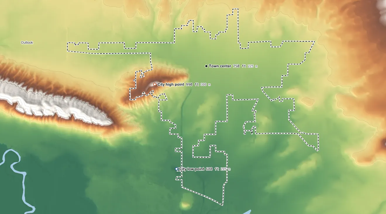 Topographic elevation map of Sunnyside, Washington, shaded from 680 ft on the south side to 990 ft on Harrison Hill