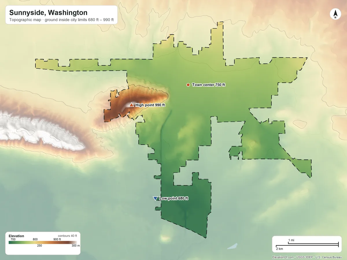 Topographic elevation map of Sunnyside, Washington, shaded from 680 ft on the south side to 990 ft on Harrison Hill