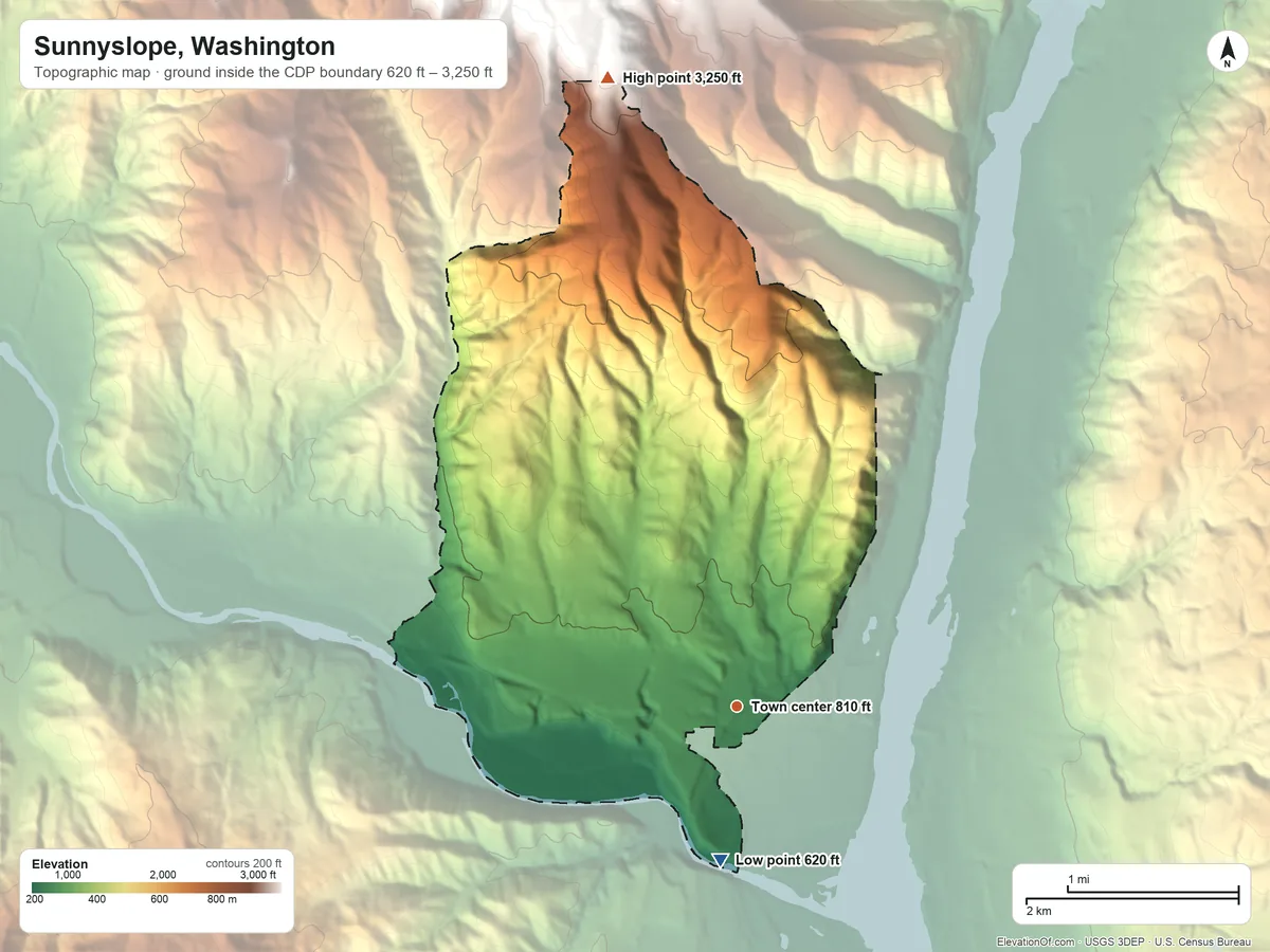Topographic elevation map of Sunnyslope, Washington, shaded from 620 ft on the south side to 3,250 ft on the north edge, below higher ground just outside