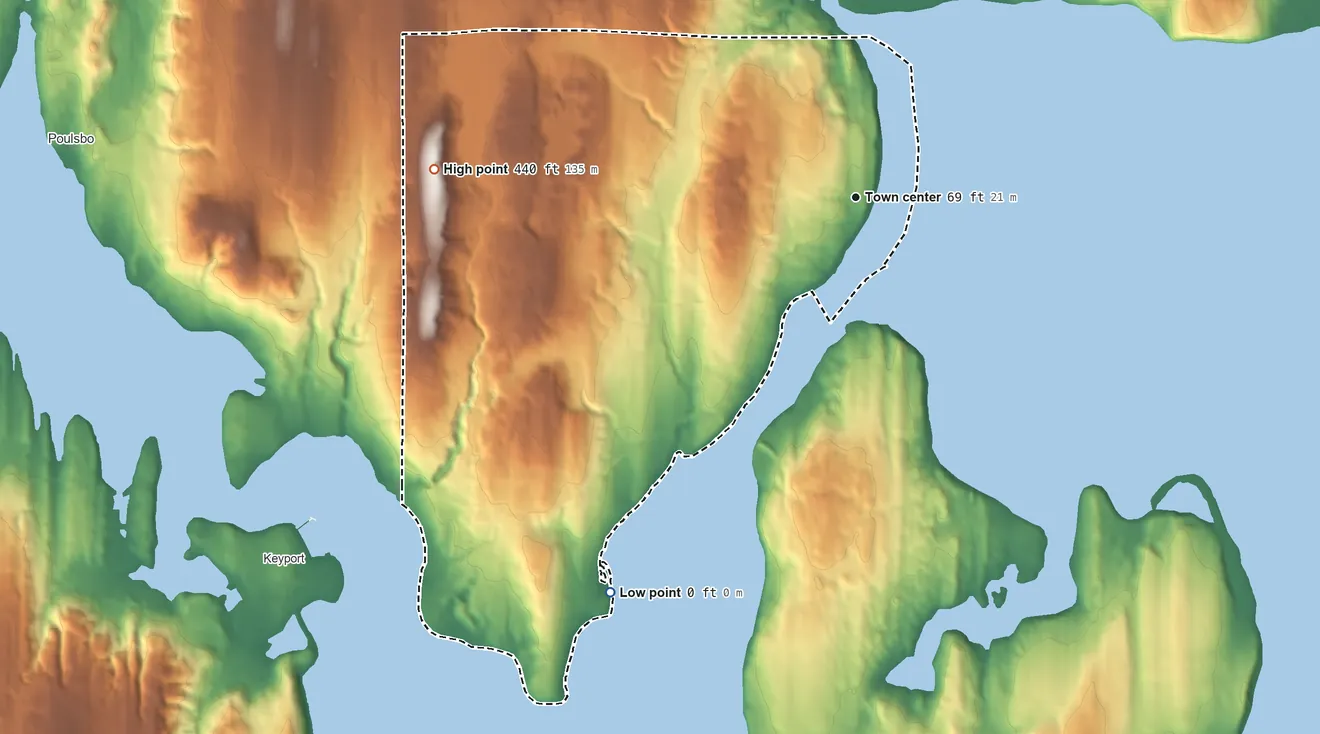 Topographic elevation map of Suquamish, Washington, shaded from sea level level on the Port Orchard to 440 ft on the west side