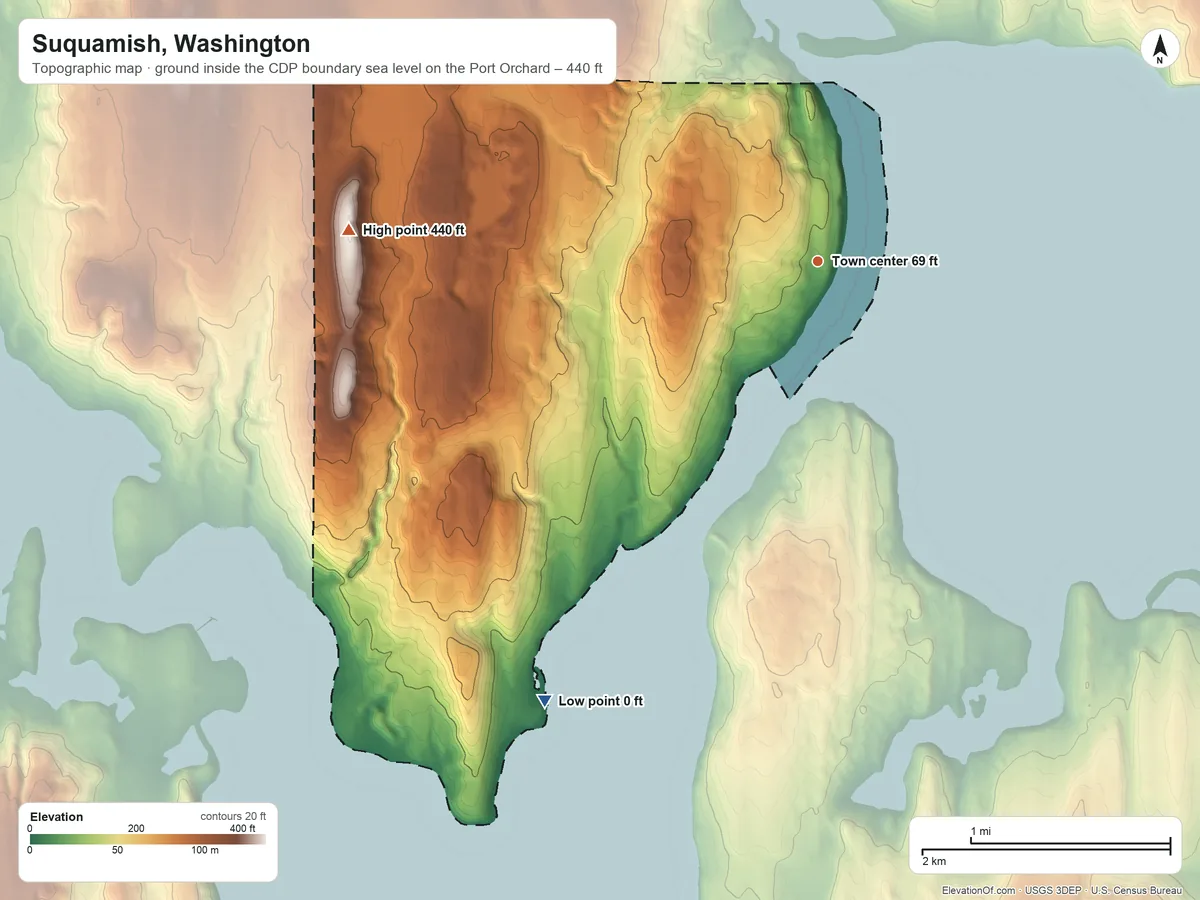 Topographic elevation map of Suquamish, Washington, shaded from sea level level on the Port Orchard to 440 ft on the west side