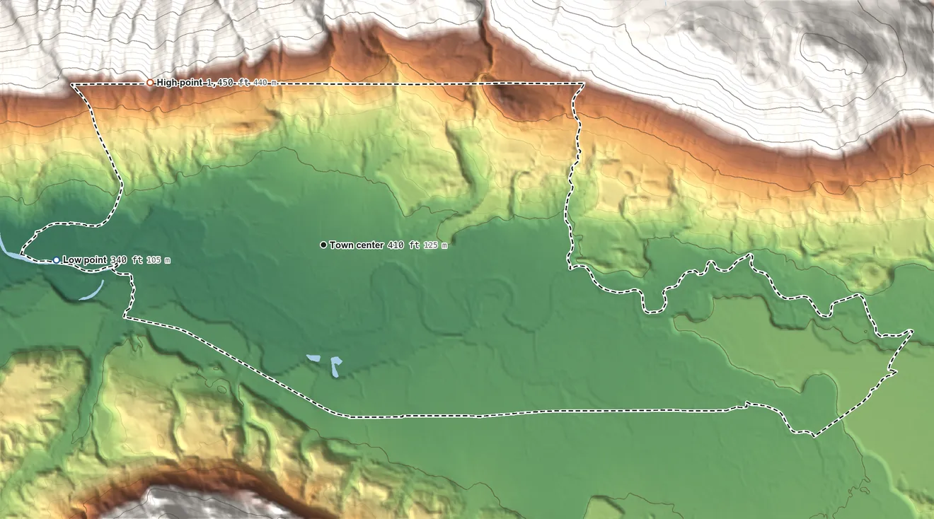 Topographic elevation map of Swede Heaven, Washington, shaded from 340 ft on the west side to 1,450 ft on the northwest edge, below higher ground just outside