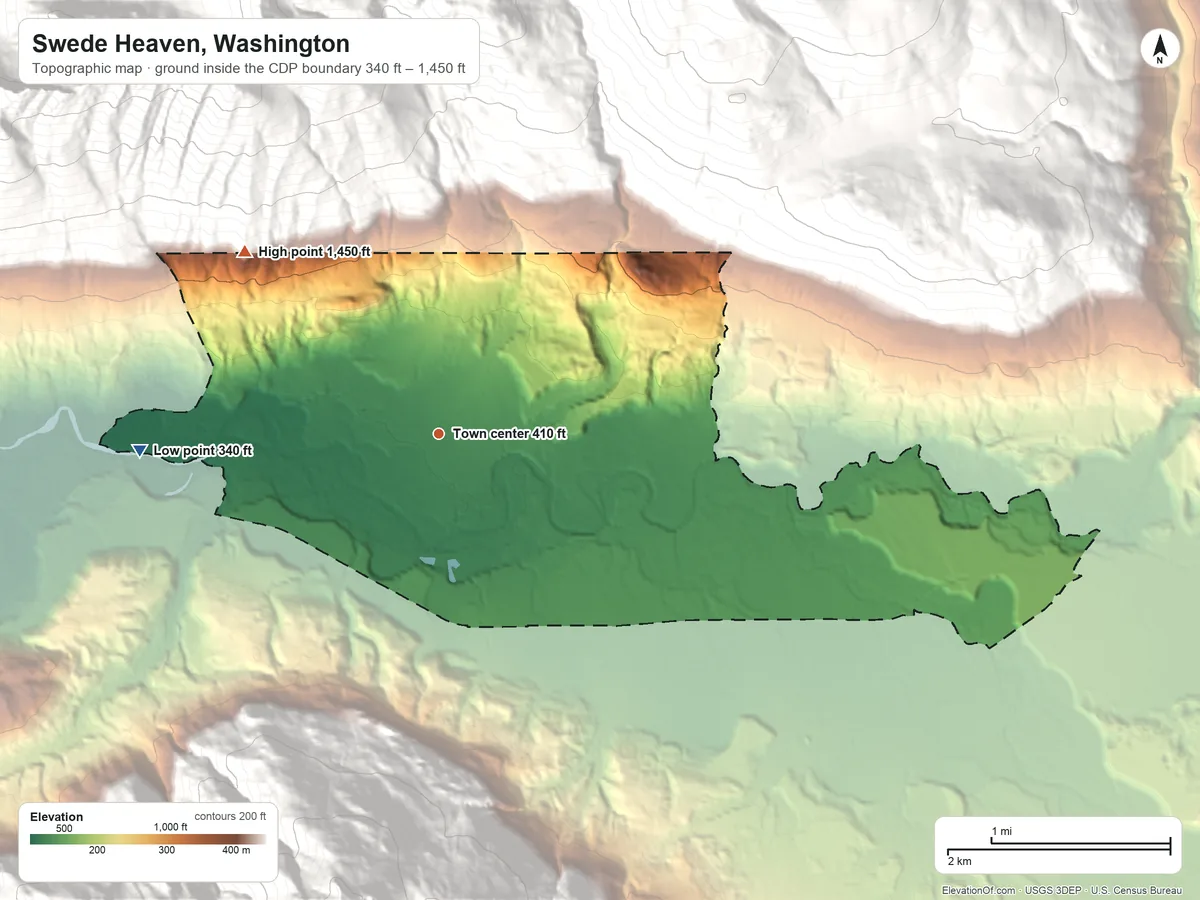 Topographic elevation map of Swede Heaven, Washington, shaded from 340 ft on the west side to 1,450 ft on the northwest edge, below higher ground just outside