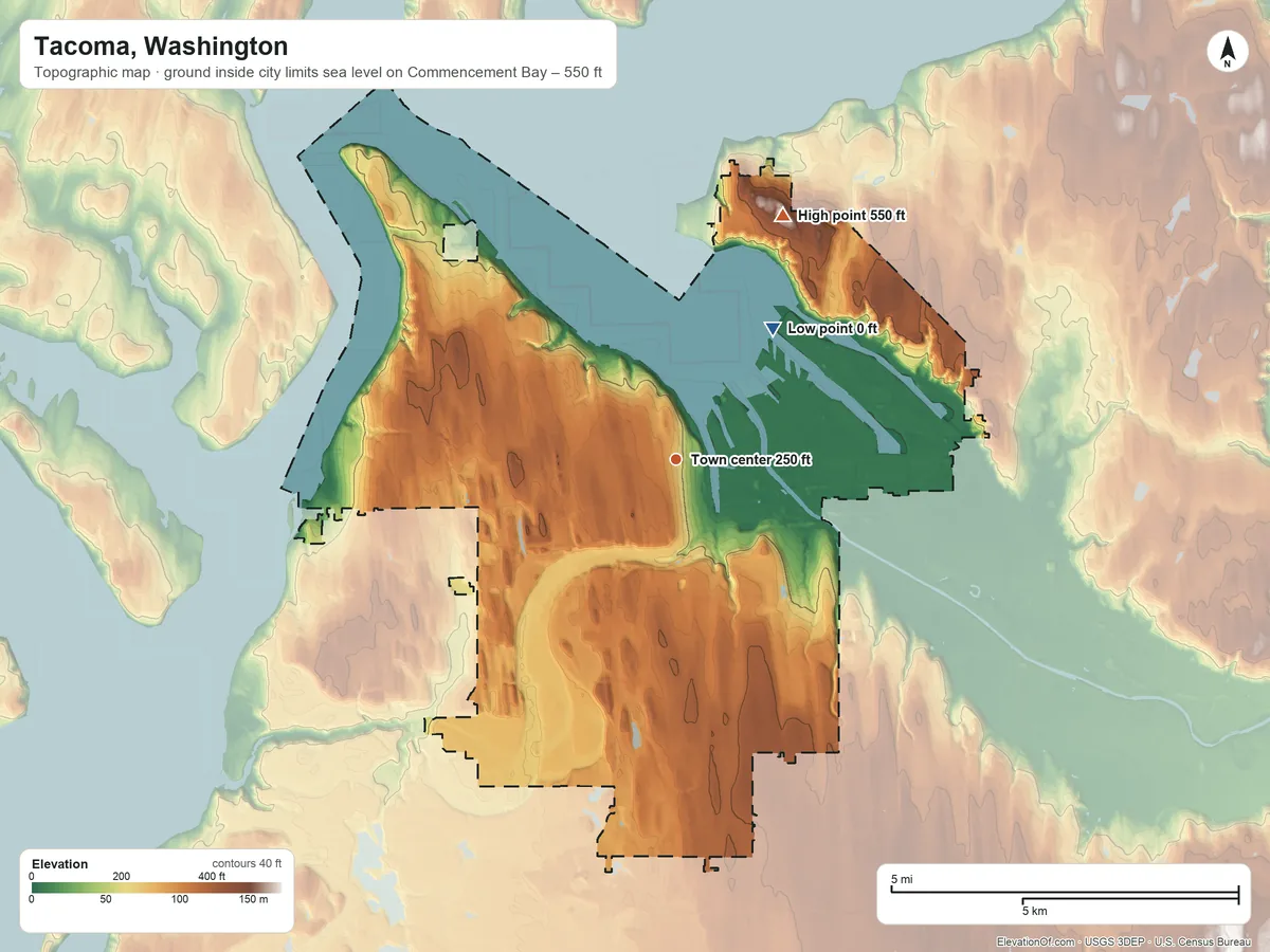 Topographic elevation map of Tacoma, Washington, shaded from sea level level on Commencement Bay to 550 ft on Indian Hill