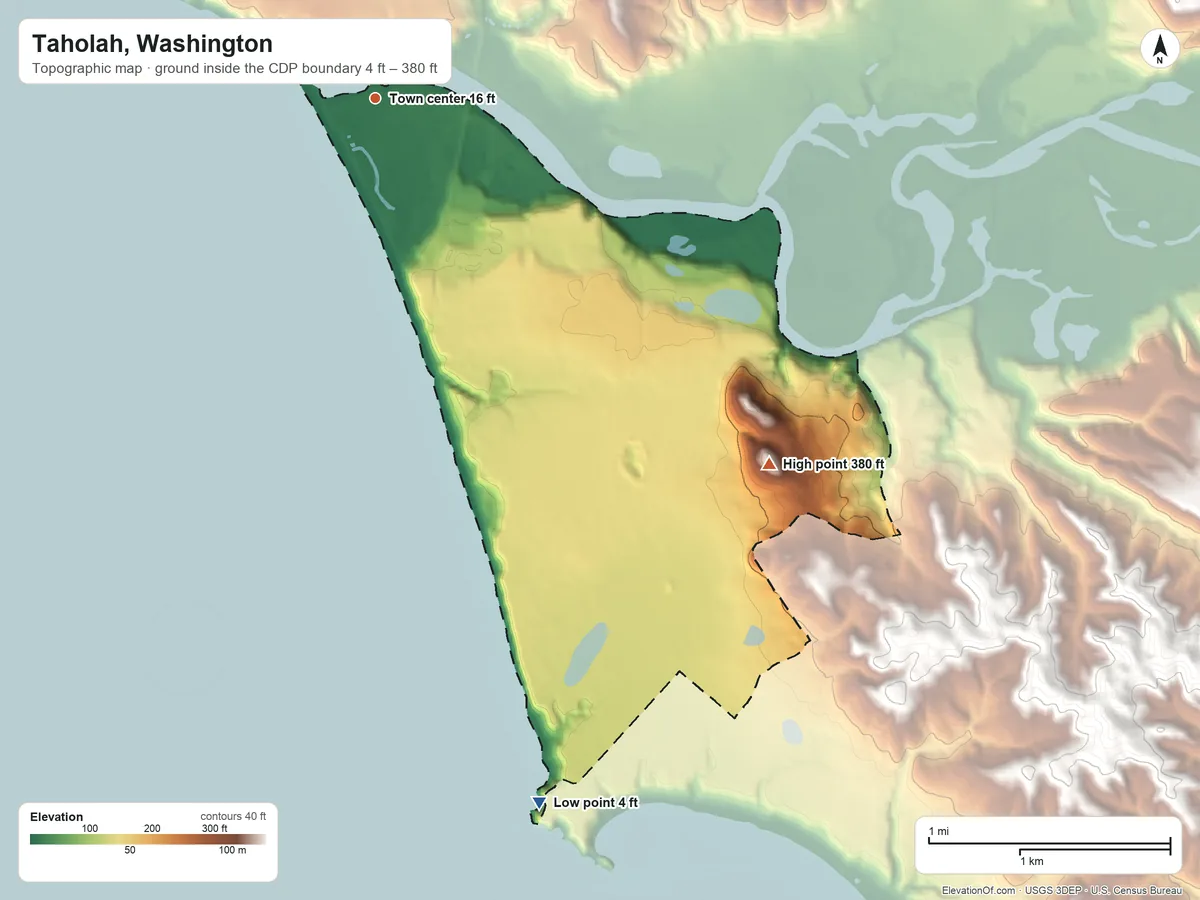 Topographic elevation map of Taholah, Washington, shaded from 4 ft on the south side to 380 ft on the southeast side