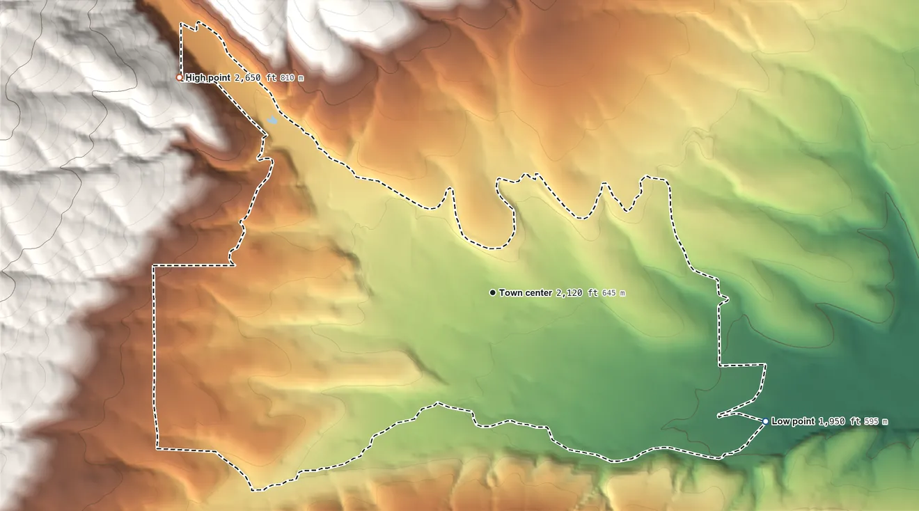 Topographic elevation map of Tampico, Washington, shaded from 1,950 ft on the southeast side to 2,650 ft on the northwest edge, below higher ground just outside