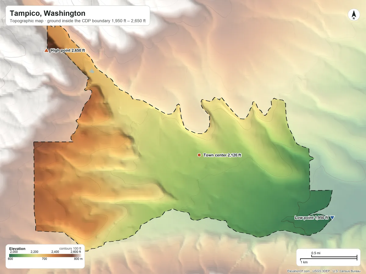 Topographic elevation map of Tampico, Washington, shaded from 1,950 ft on the southeast side to 2,650 ft on the northwest edge, below higher ground just outside