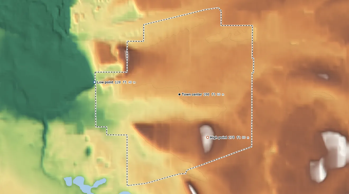 Topographic elevation map of Tanglewilde, Washington, shaded from 120 ft on the west side to 270 ft on the southeast side