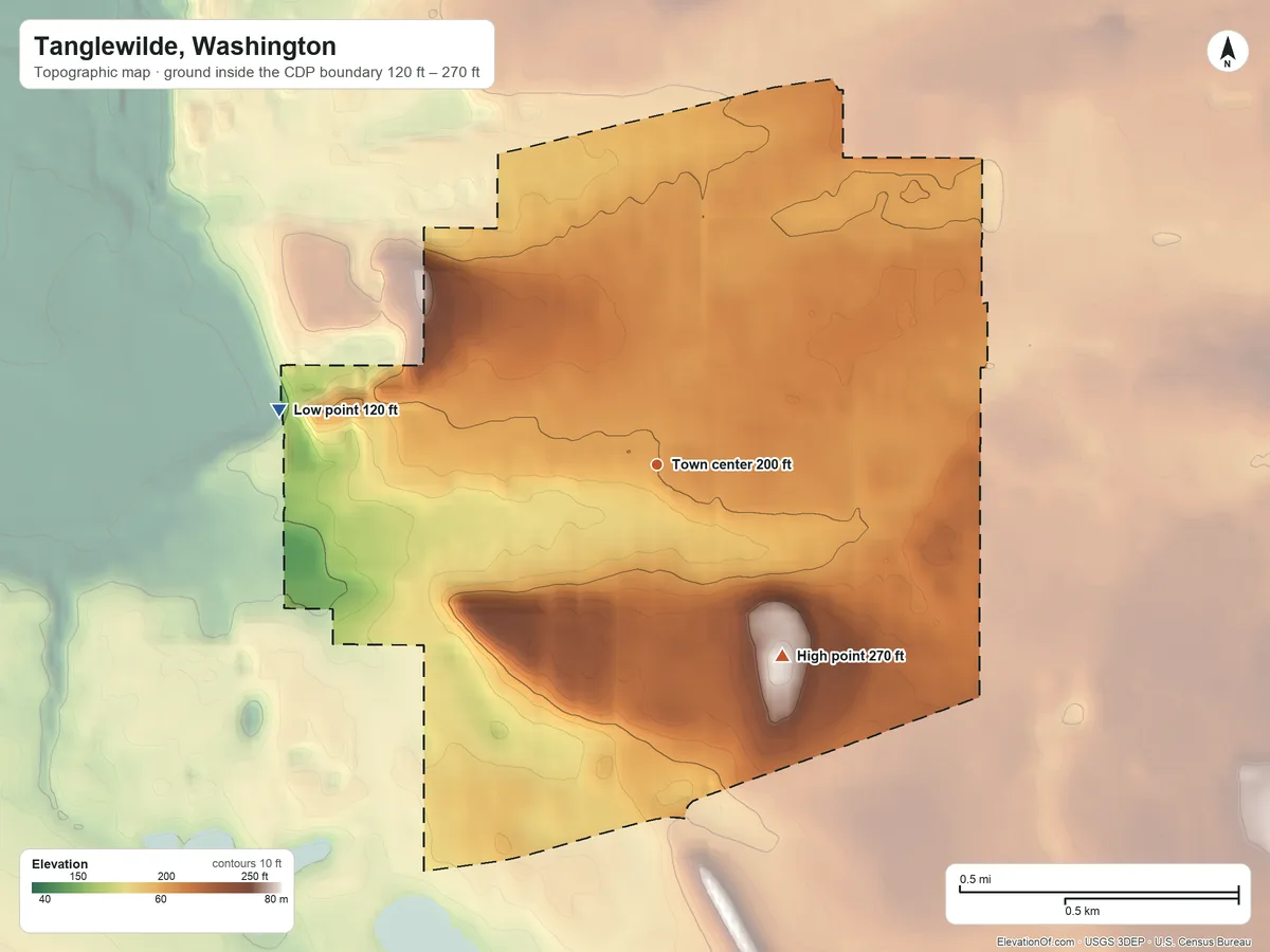 Topographic elevation map of Tanglewilde, Washington, shaded from 120 ft on the west side to 270 ft on the southeast side