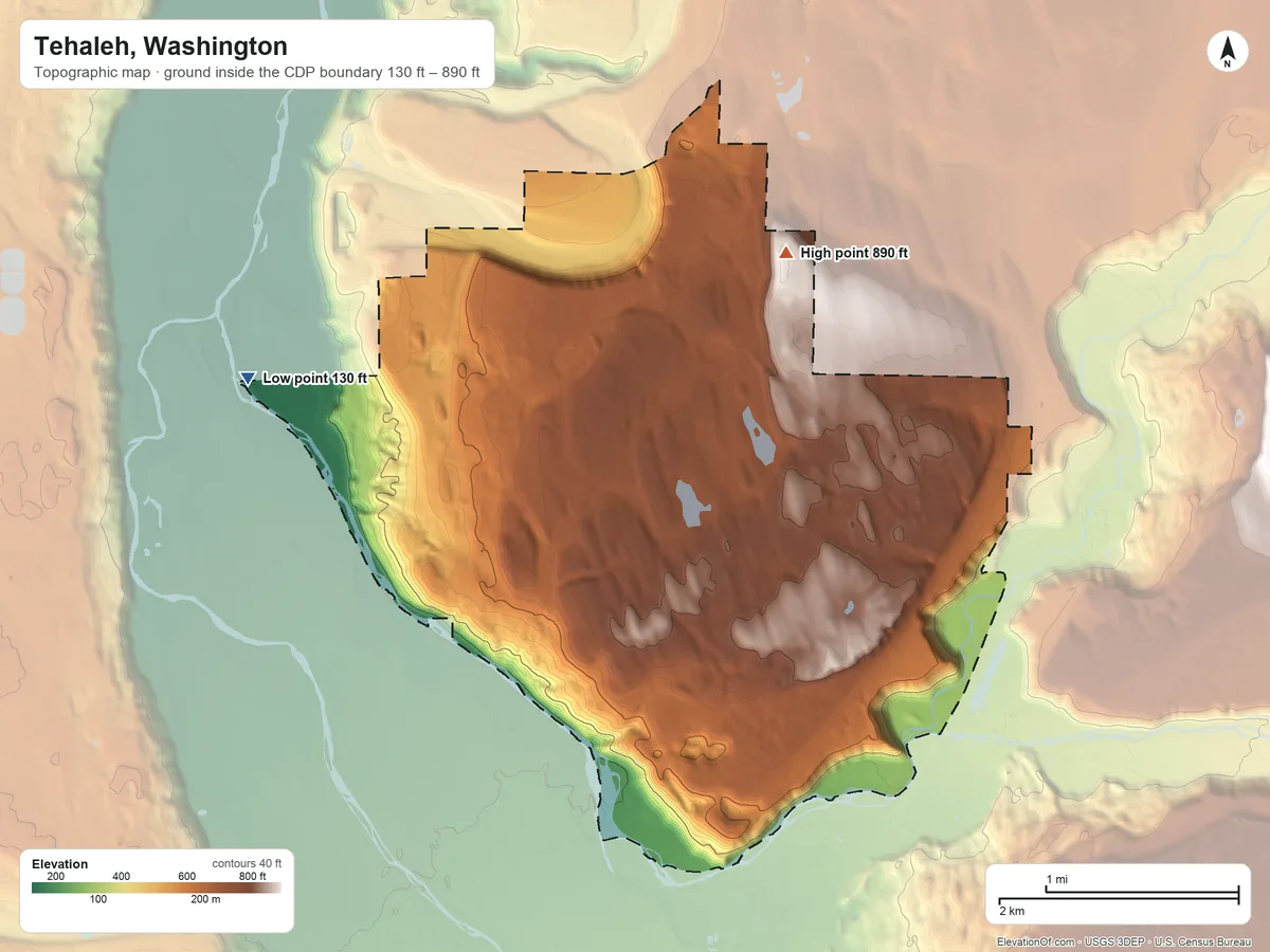 Topographic elevation map of Tehaleh, Washington, shaded from 130 ft on the west side to 890 ft on the northeast side