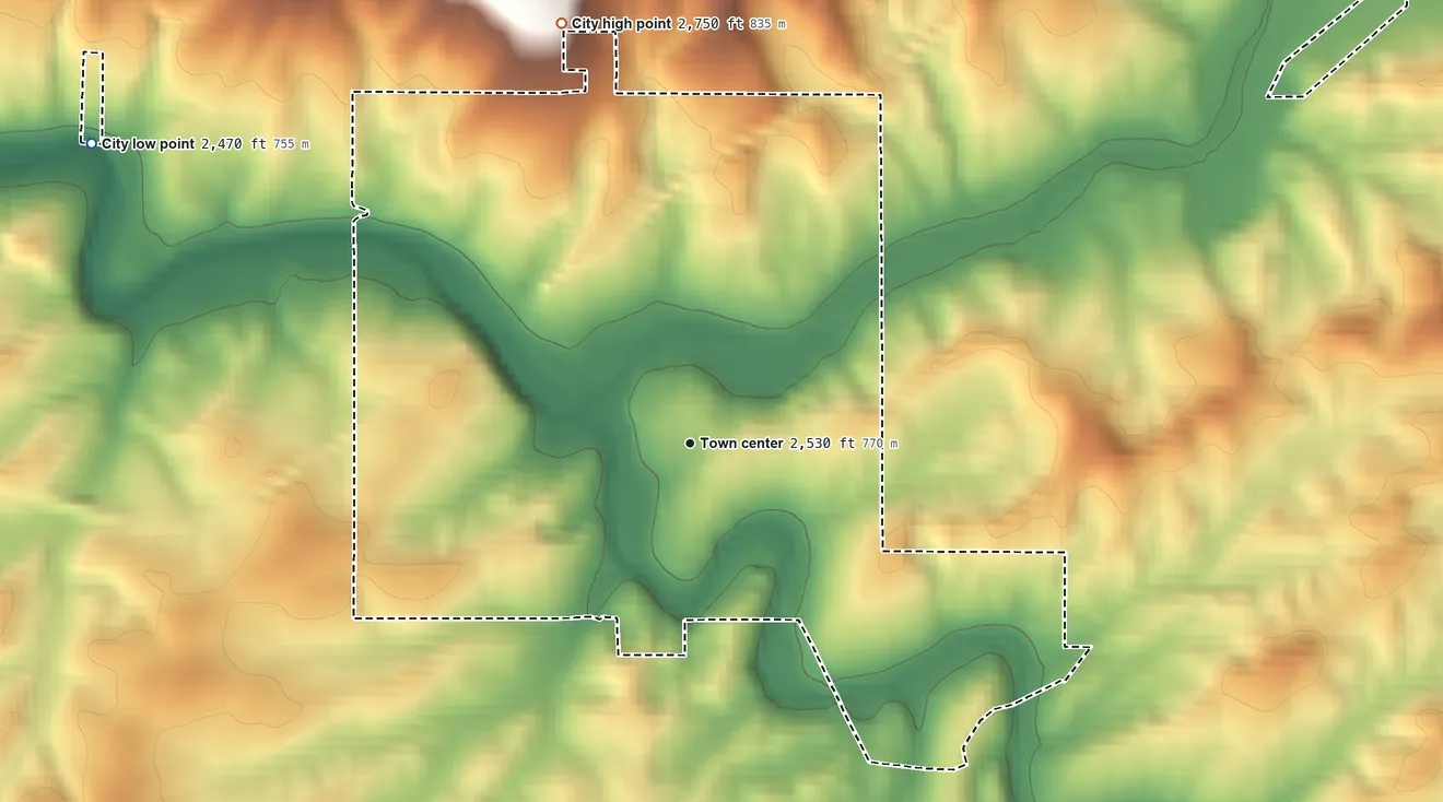 Topographic elevation map of Tekoa, Washington, shaded from 2,470 ft on the northwest side to 2,750 ft on the north edge, below higher ground just outside