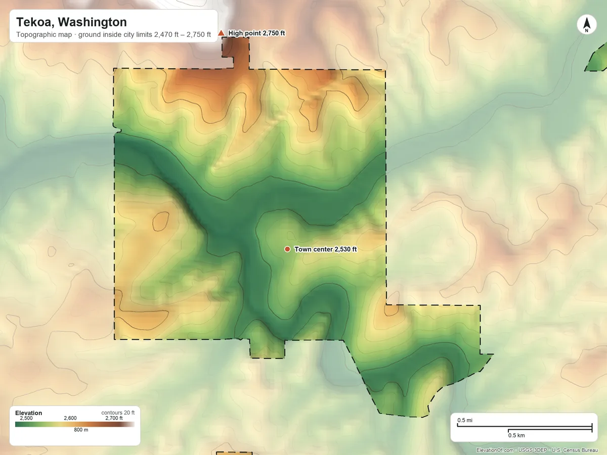 Topographic elevation map of Tekoa, Washington, shaded from 2,470 ft on the northwest side to 2,750 ft on the north edge, below higher ground just outside