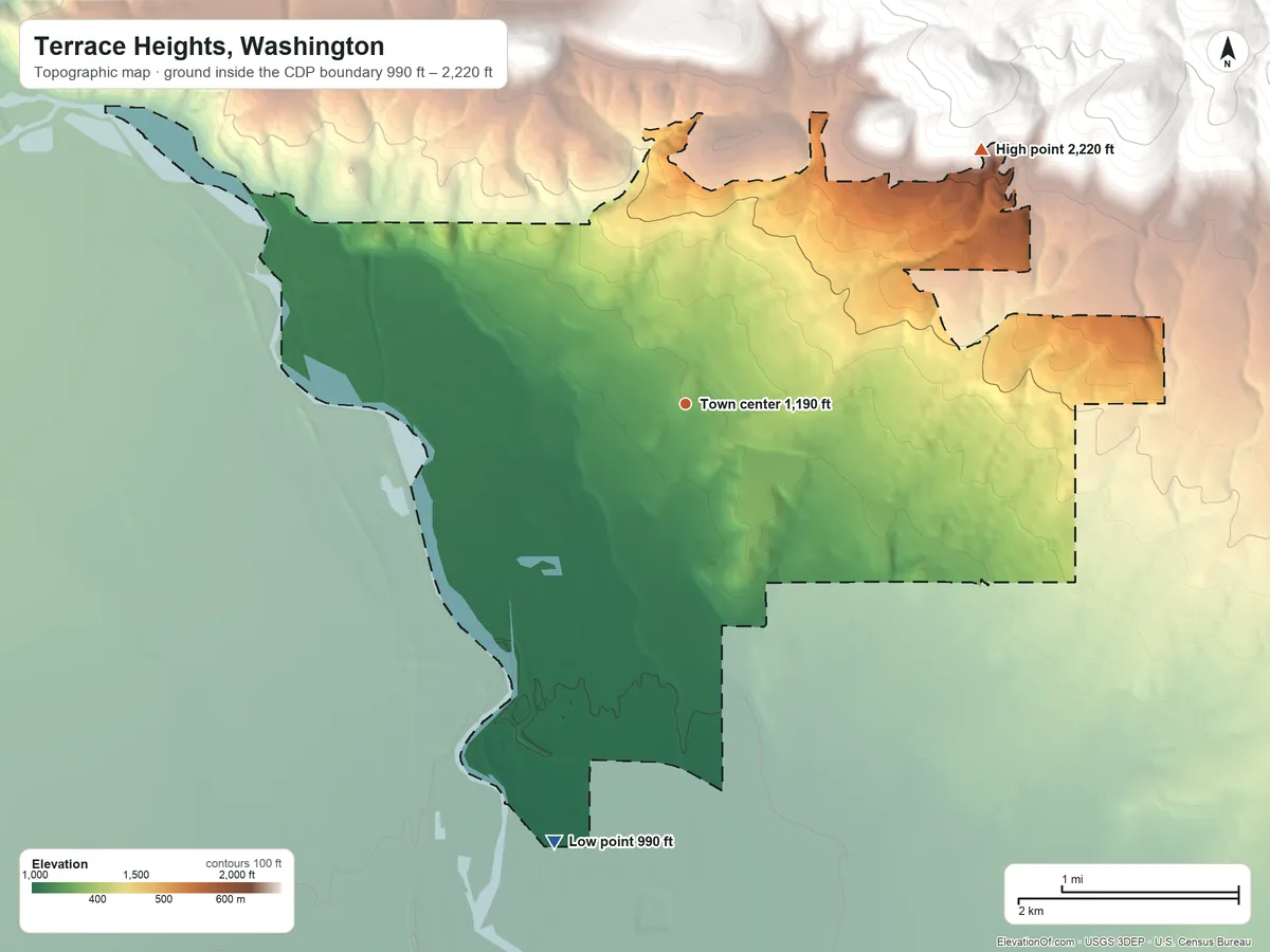 Topographic elevation map of Terrace Heights, Washington, shaded from 990 ft on the south side to 2,220 ft at the foot of the Rattlesnake Hills