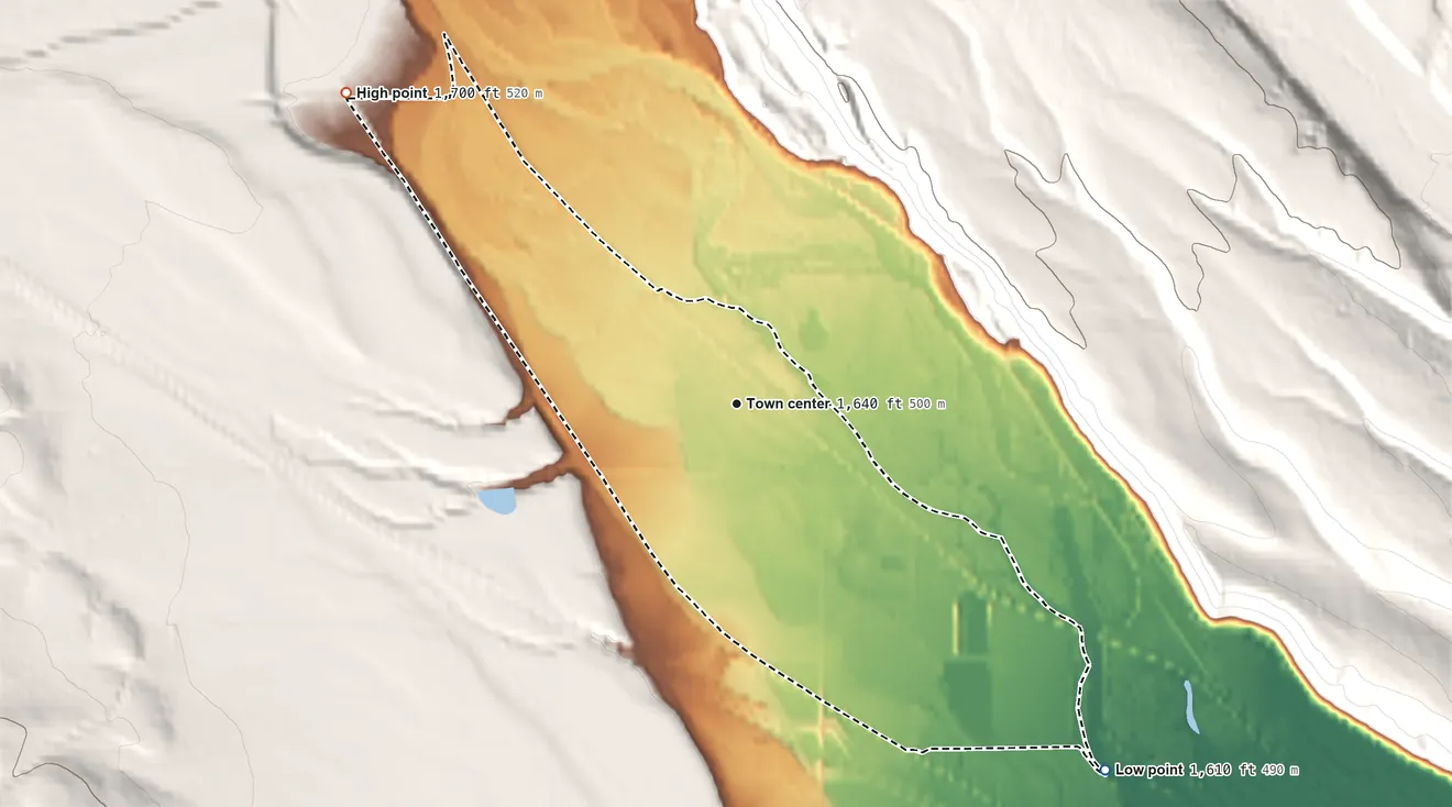 Topographic elevation map of Thorp, Washington, shaded from 1,610 ft on the southeast side to 1,700 ft on the northwest edge, below higher ground just outside