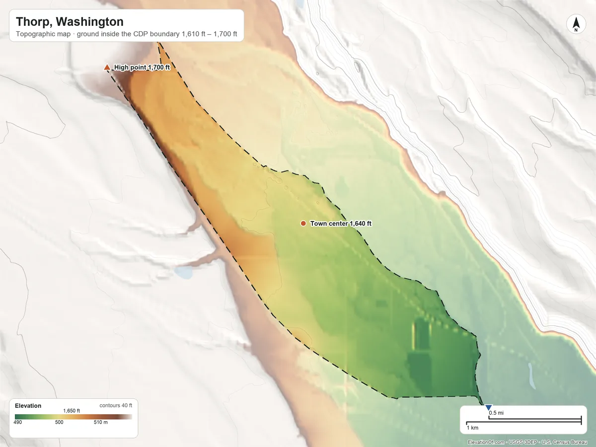 Topographic elevation map of Thorp, Washington, shaded from 1,610 ft on the southeast side to 1,700 ft on the northwest edge, below higher ground just outside
