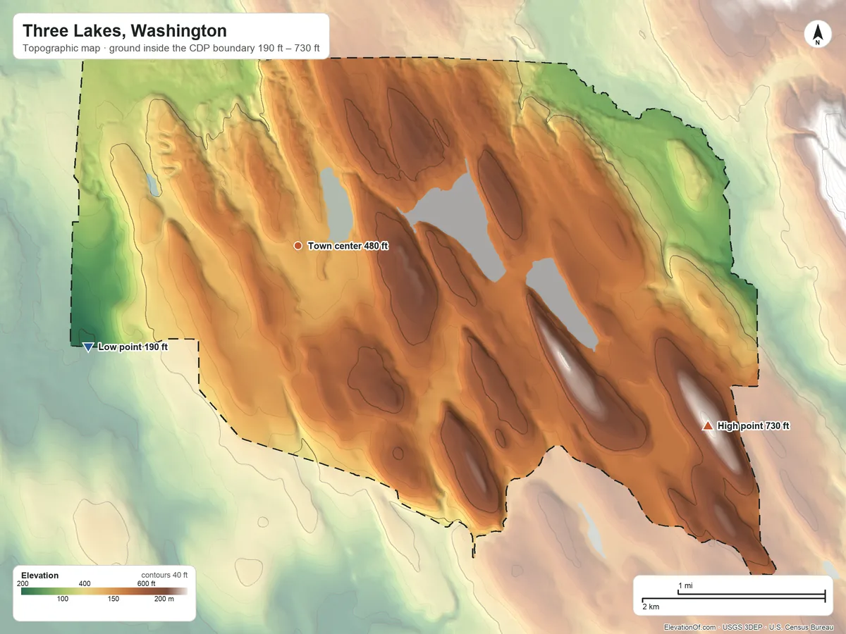 Topographic elevation map of Three Lakes, Washington, shaded from 190 ft on the southwest side to 730 ft on the southeast edge, below higher ground just outside