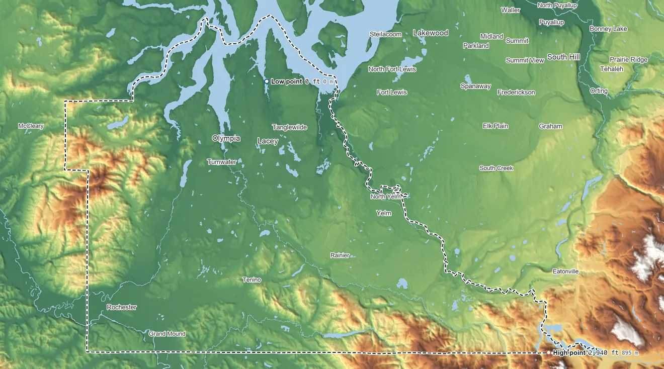 Topographic elevation map of Thurston County, Washington, shaded from sea level on Henderson Inlet to 2,940 ft on the southeast side