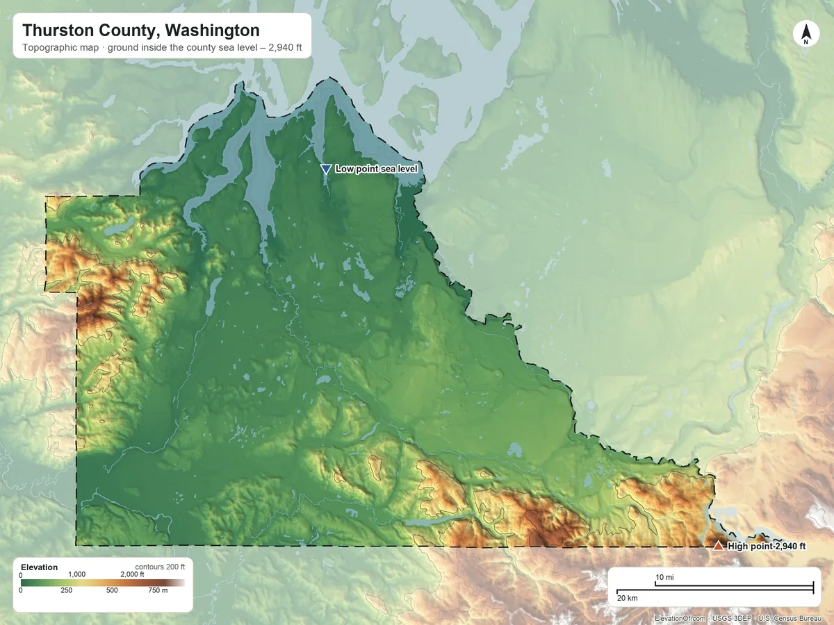 Topographic elevation map of Thurston County, Washington, shaded from sea level on Henderson Inlet to 2,940 ft on the southeast side