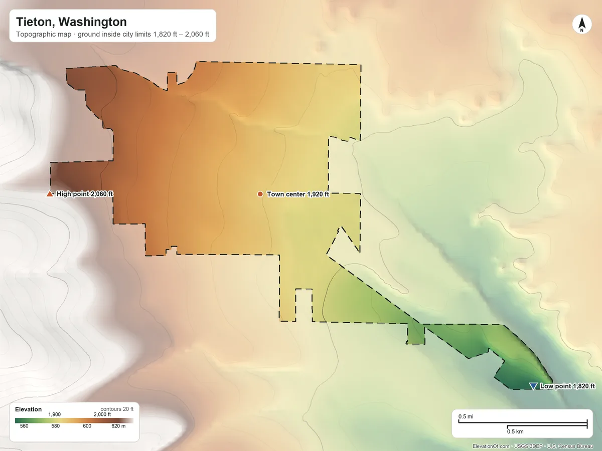 Topographic elevation map of Tieton, Washington, shaded from 1,820 ft on the southeast side to 2,060 ft on the west edge, below higher ground just outside